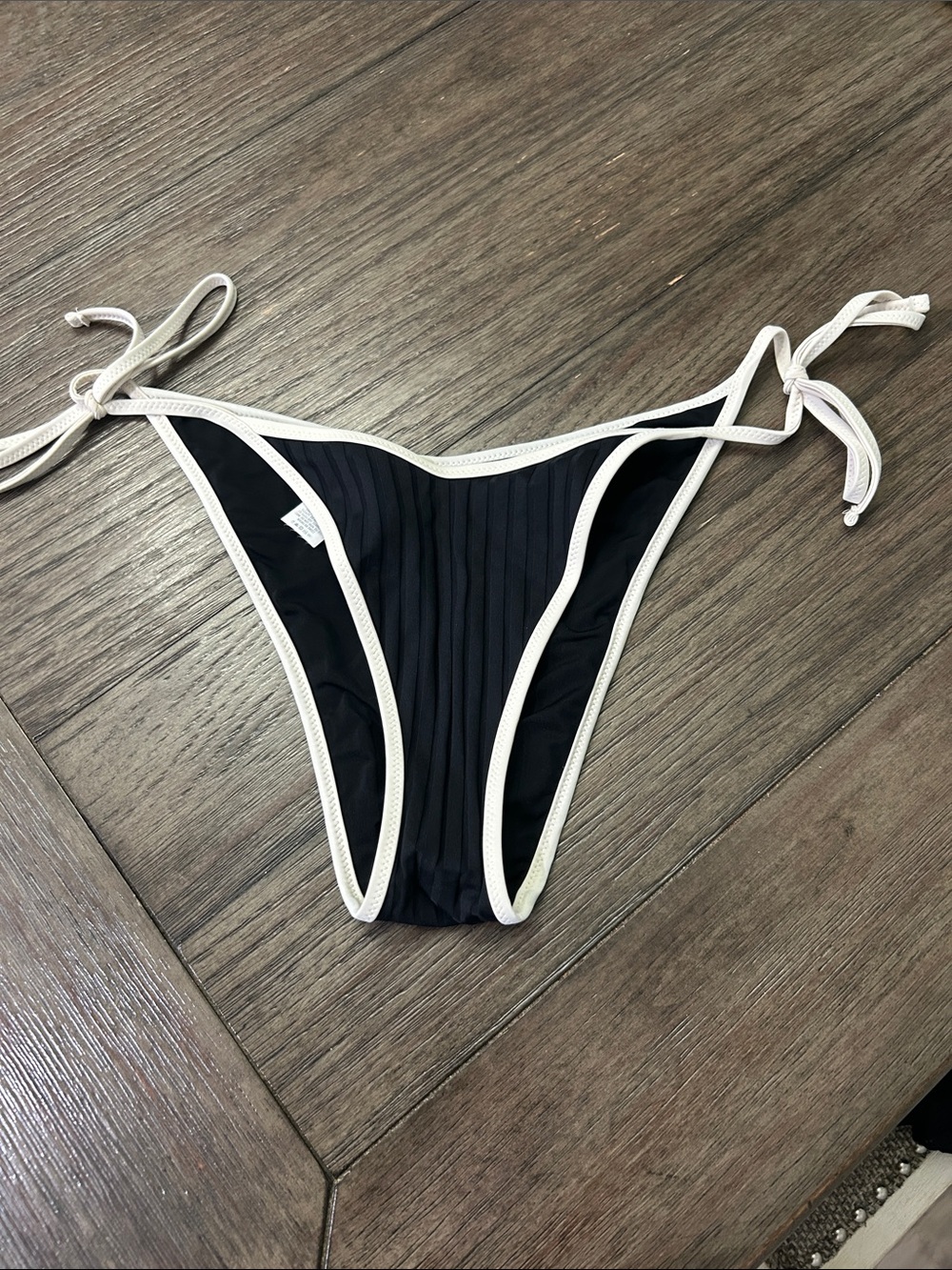 aerie Black Ribbed Tie-Side Bikini Bottom with White Trim